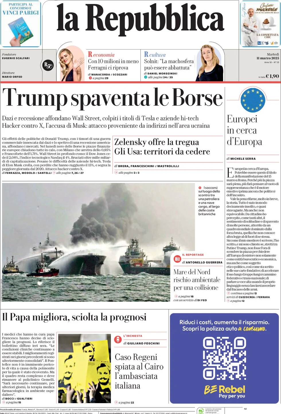 anteprima della prima pagina di la-repubblica del 11/03/2025