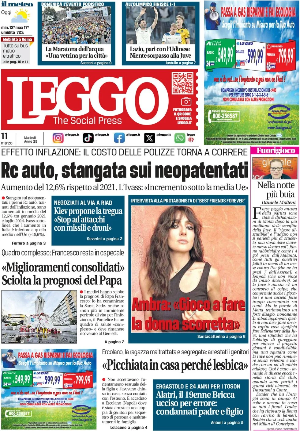 anteprima della prima pagina di leggo-roma del 11/03/2025