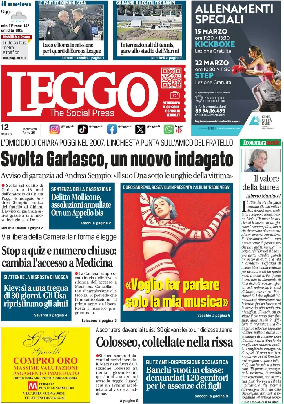 anteprima della prima pagina di leggo-roma del 12/03/2025