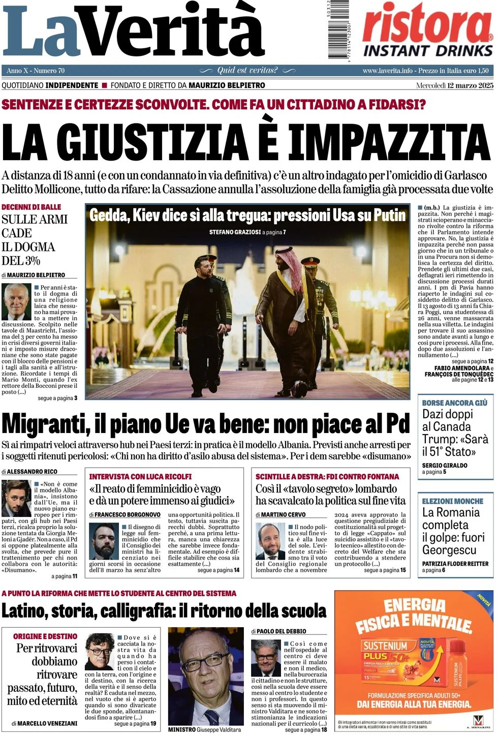 anteprima della prima pagina di la-verit del 12/03/2025