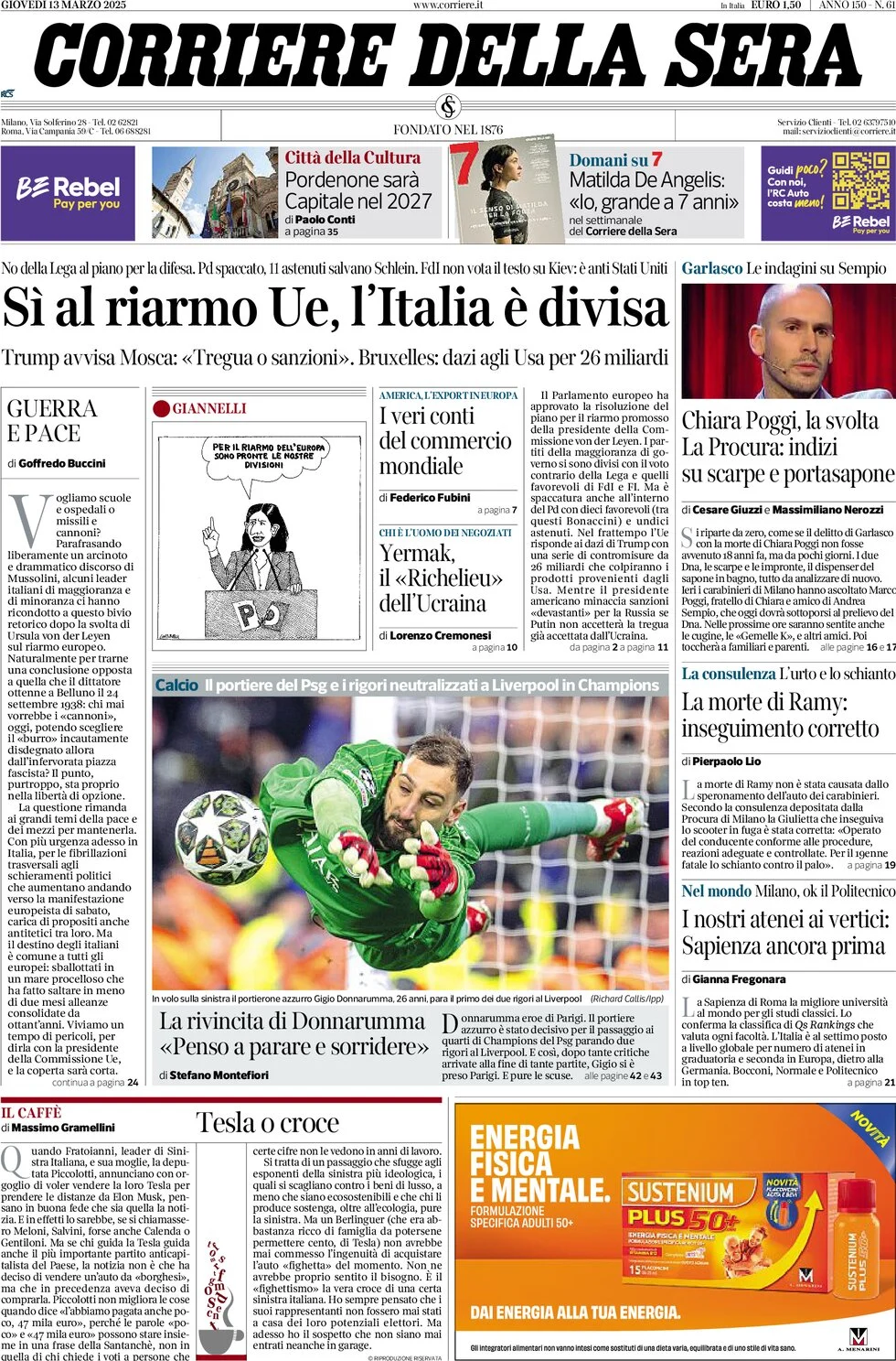 anteprima della prima pagina di corriere-della-sera del 13/03/2025