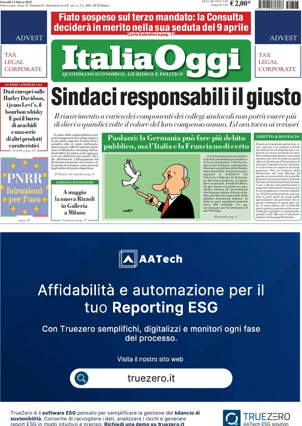 anteprima della prima pagina di italiaoggi del 13/03/2025