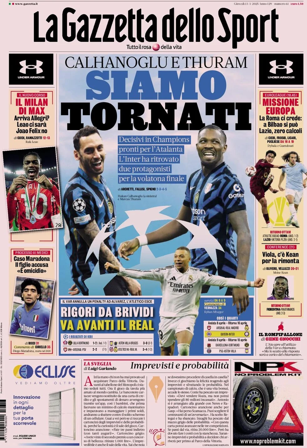 anteprima della prima pagina di la-gazzetta-dello-sport del 13/03/2025