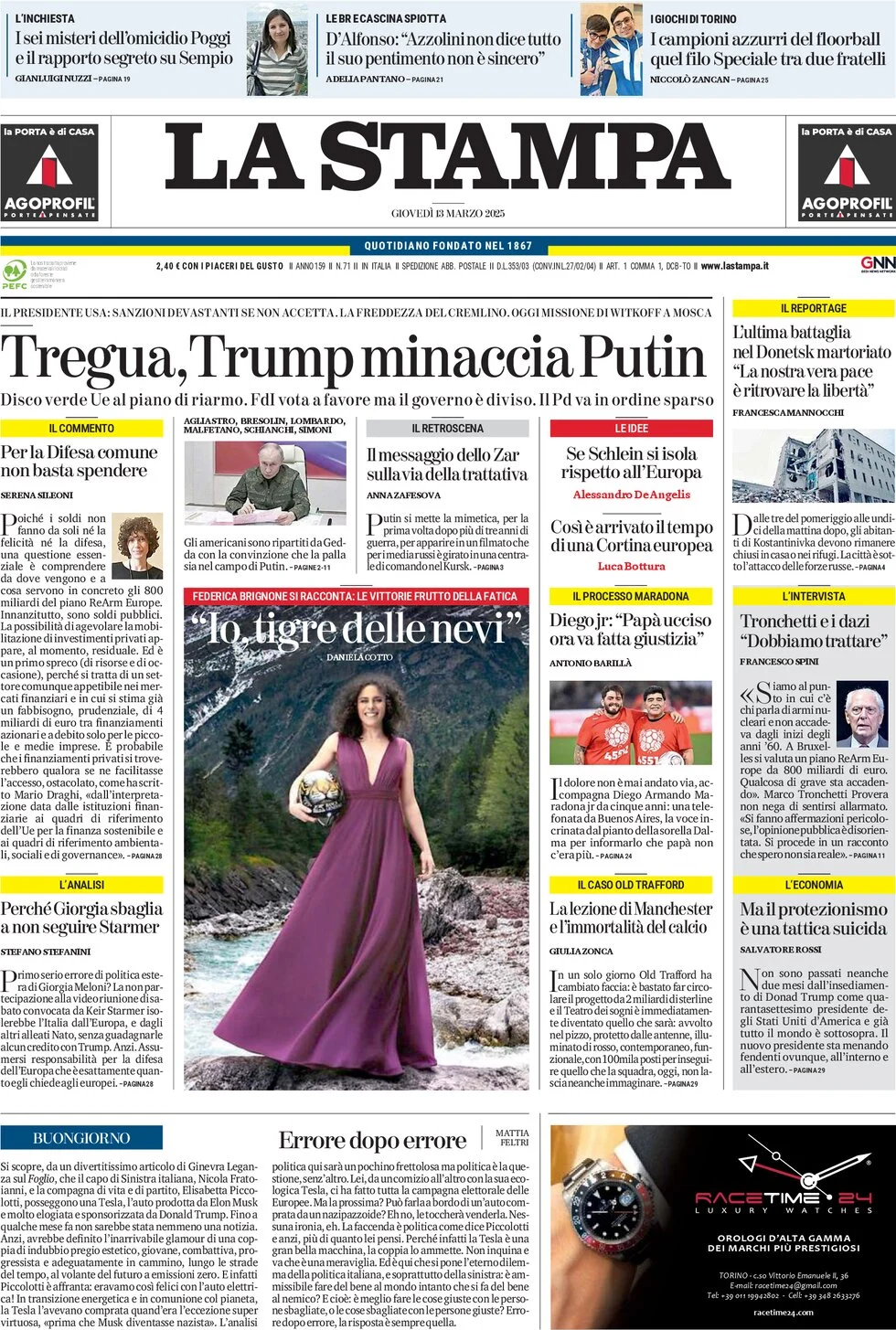 anteprima della prima pagina di la-stampa del 13/03/2025