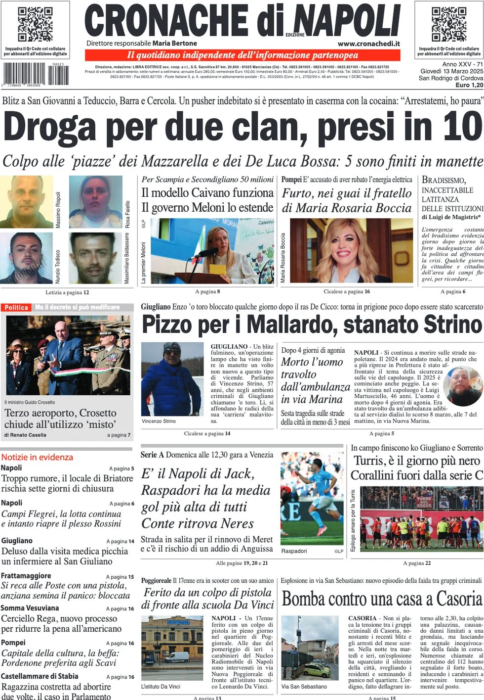 anteprima della prima pagina di cronache-di-napoli del 13/03/2025