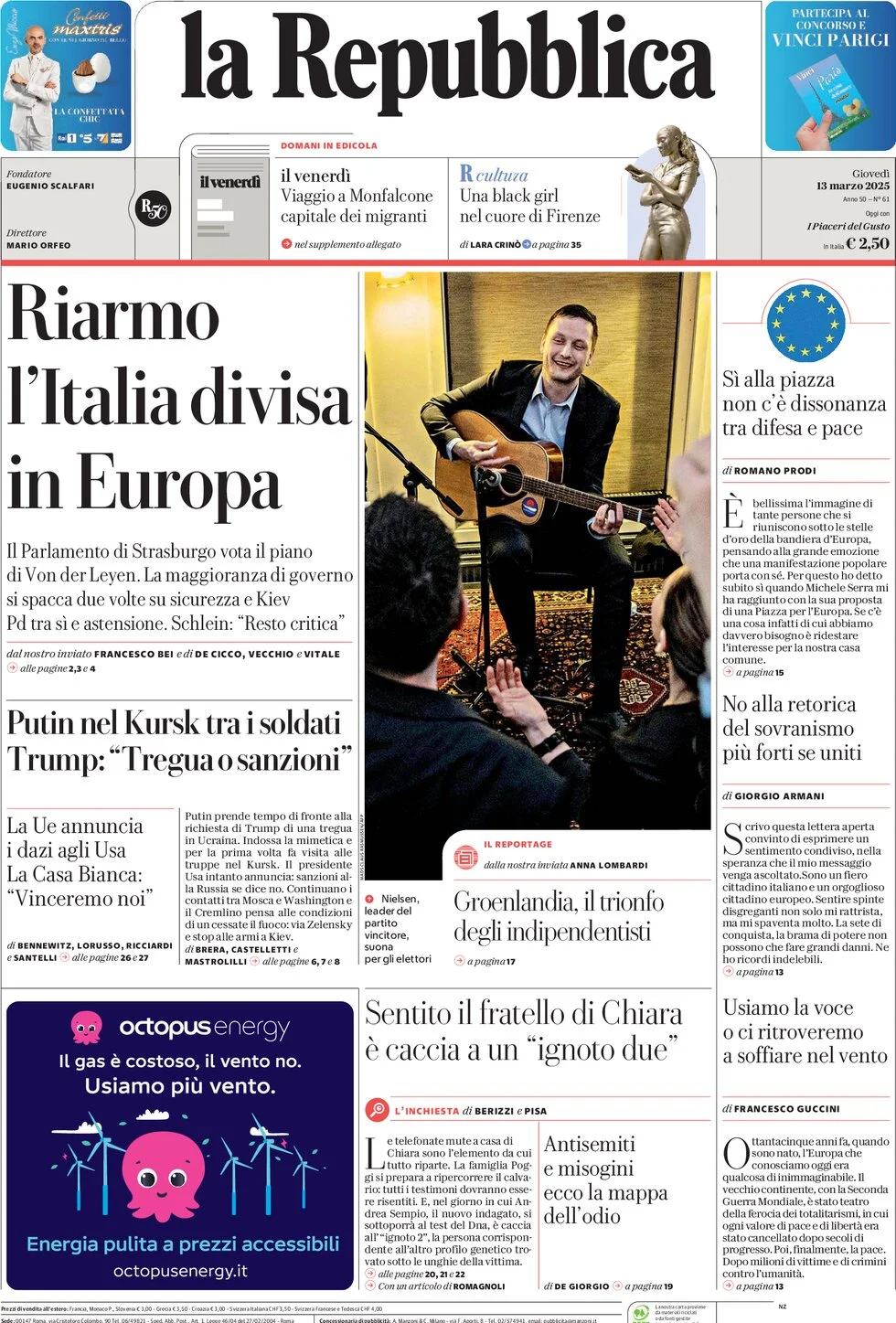 anteprima della prima pagina di la-repubblica del 13/03/2025