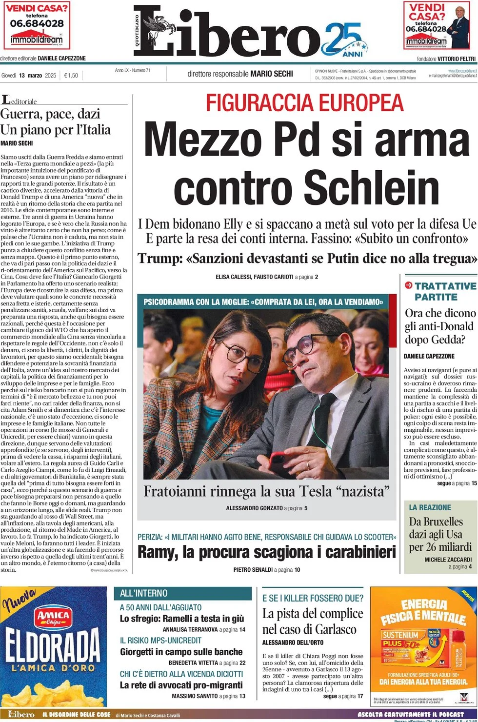anteprima della prima pagina di libero-quotidiano del 13/03/2025
