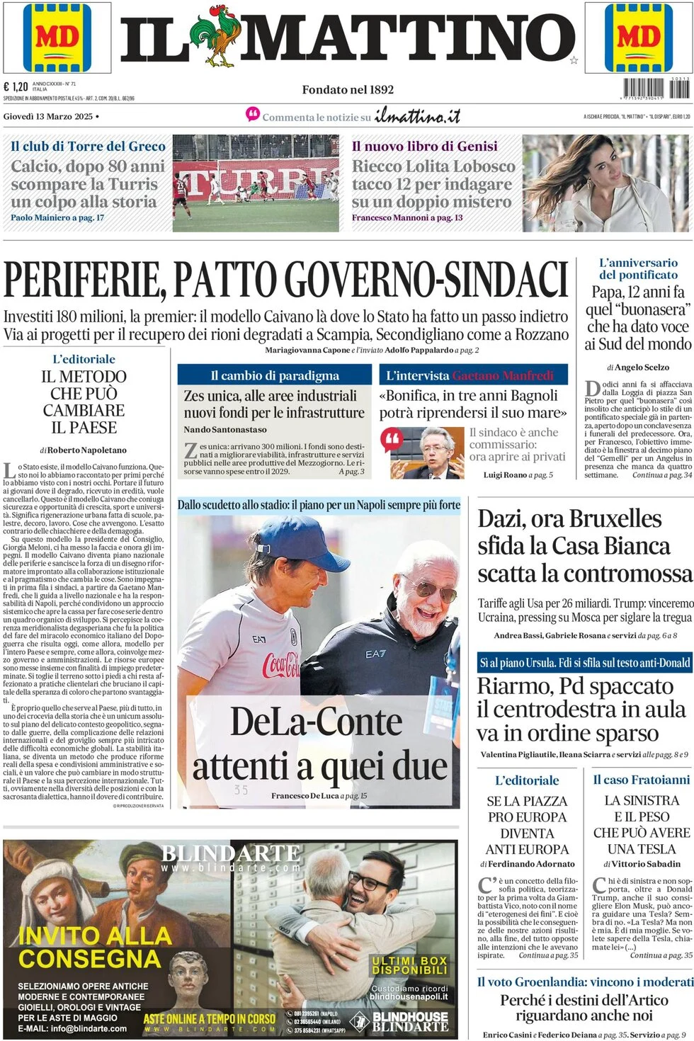 anteprima della prima pagina di il-mattino del 13/03/2025