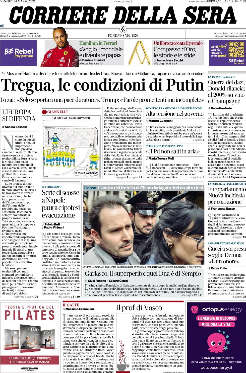 anteprima della prima pagina di corriere-della-sera del 14/03/2025