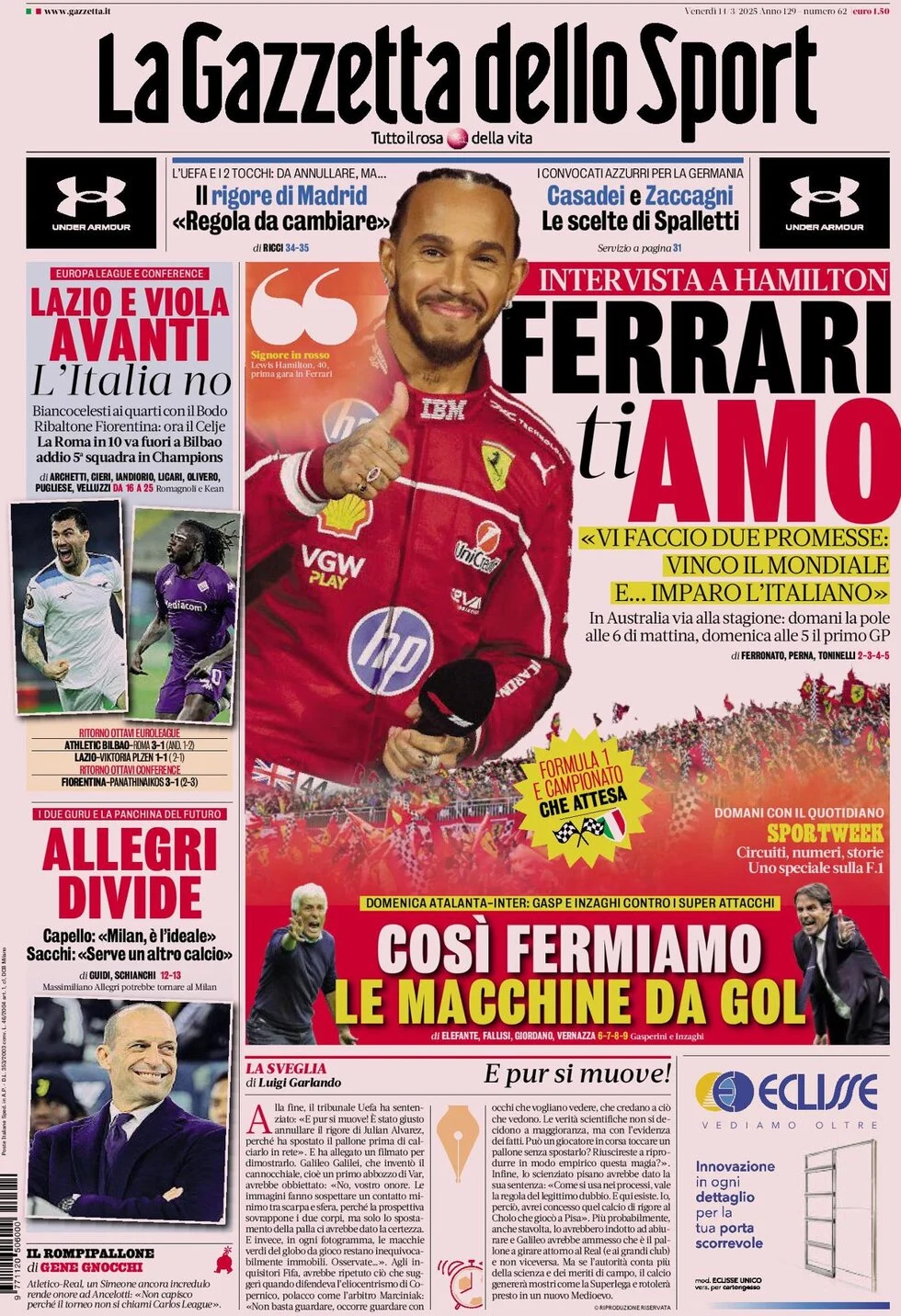 anteprima della prima pagina di la-gazzetta-dello-sport del 14/03/2025