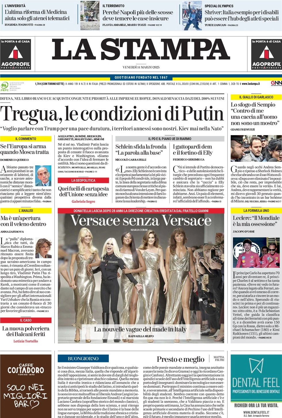anteprima della prima pagina di la-stampa del 14/03/2025