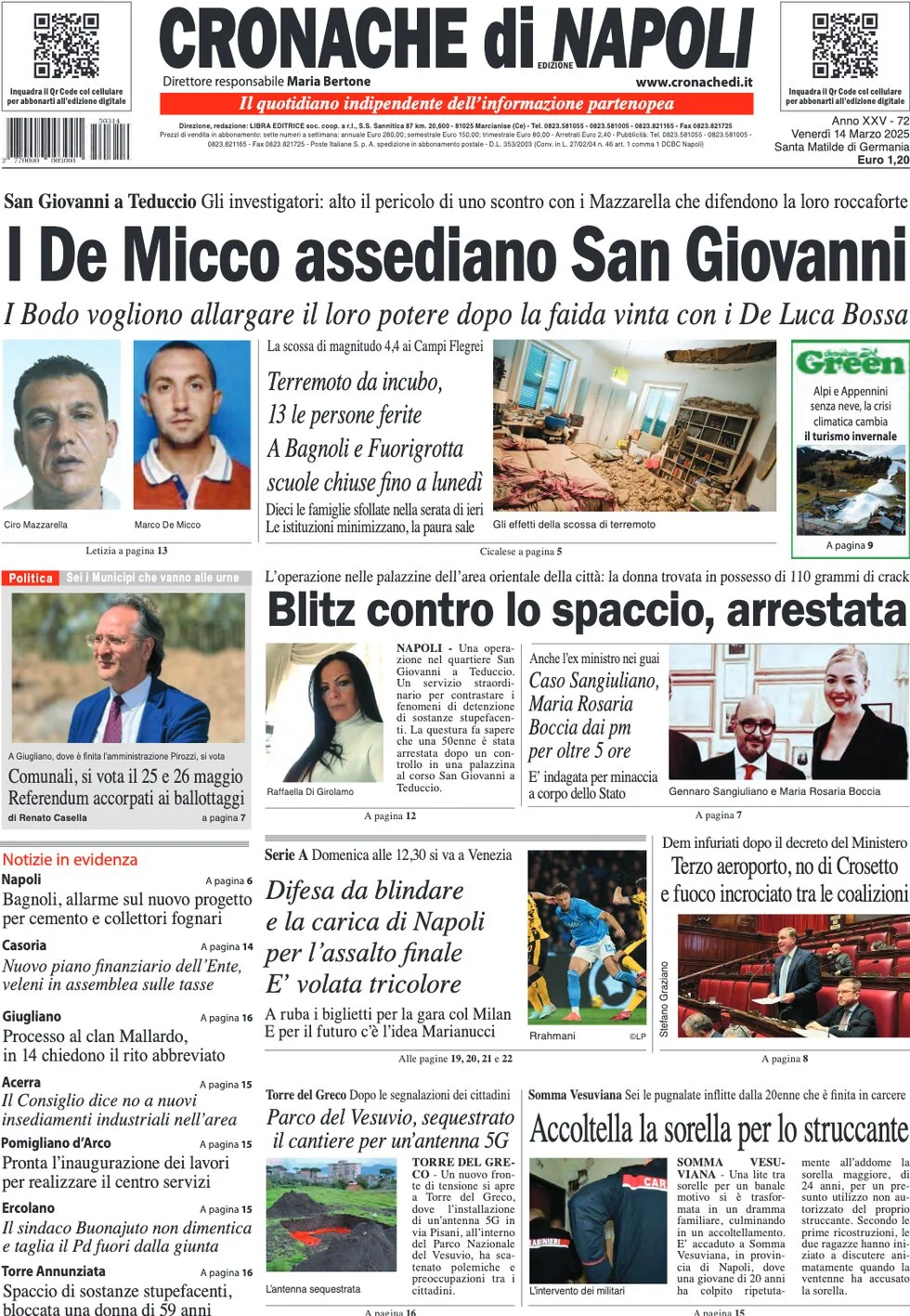 anteprima della prima pagina di cronache-di-napoli del 14/03/2025
