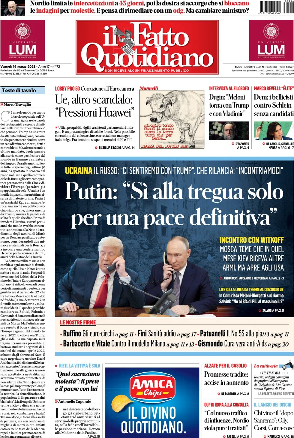anteprima della prima pagina di il-fatto-quotidiano del 14/03/2025
