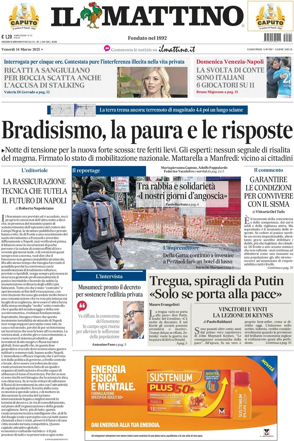 anteprima della prima pagina di il-mattino del 14/03/2025