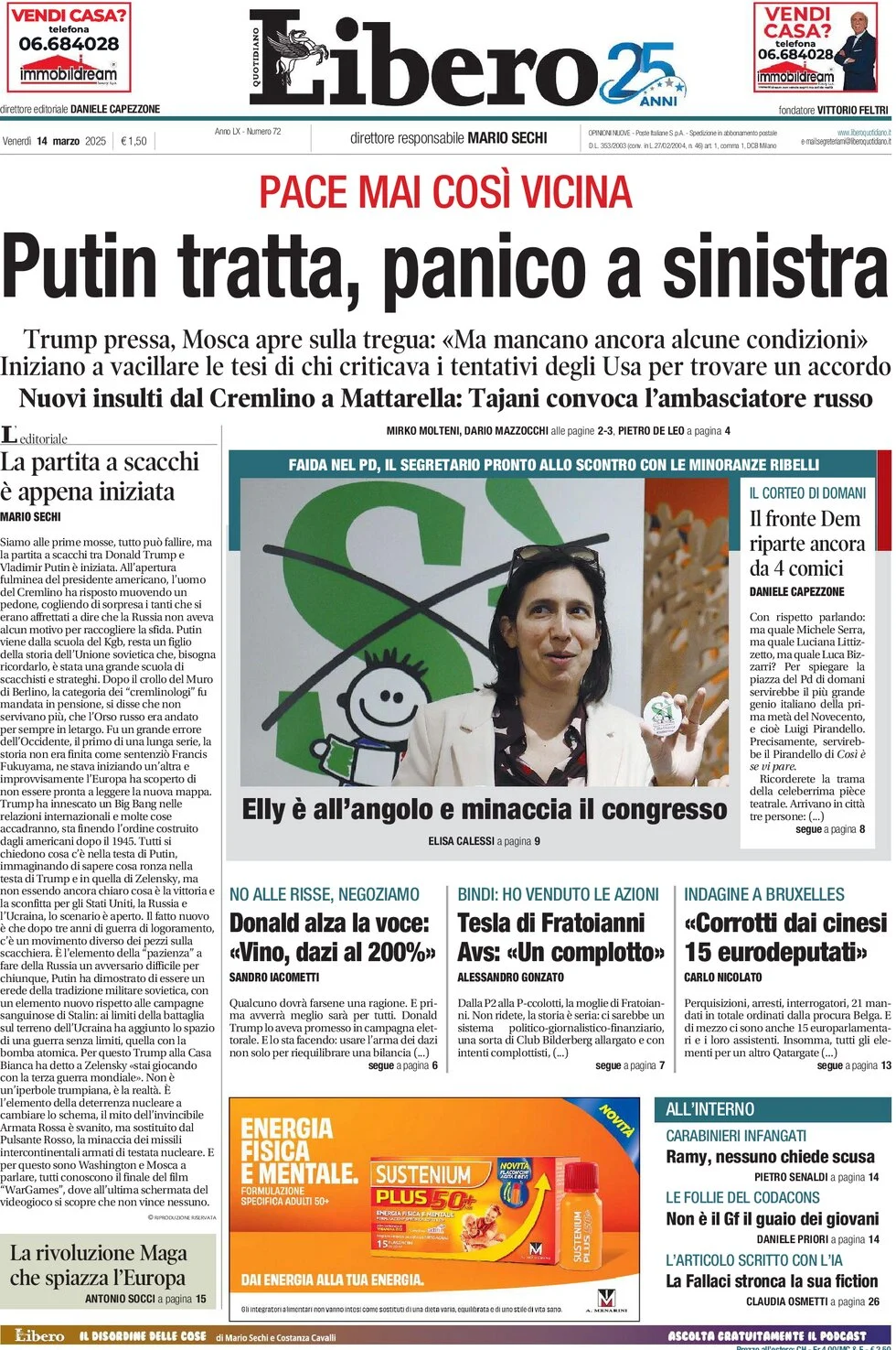 anteprima della prima pagina di libero-quotidiano del 14/03/2025