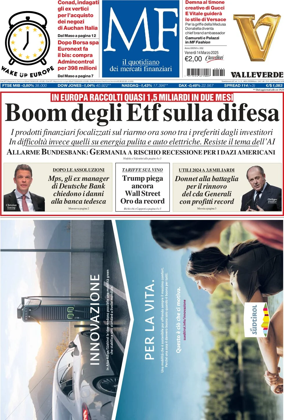 anteprima della prima pagina di mf-milano-finanza del 14/03/2025