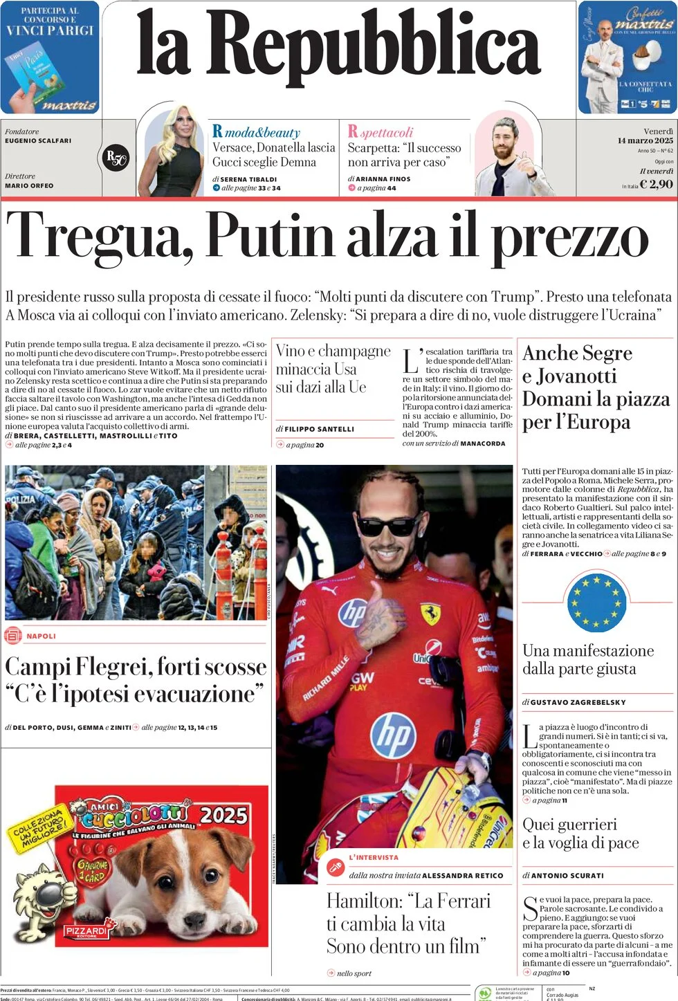 anteprima della prima pagina di la-repubblica del 14/03/2025