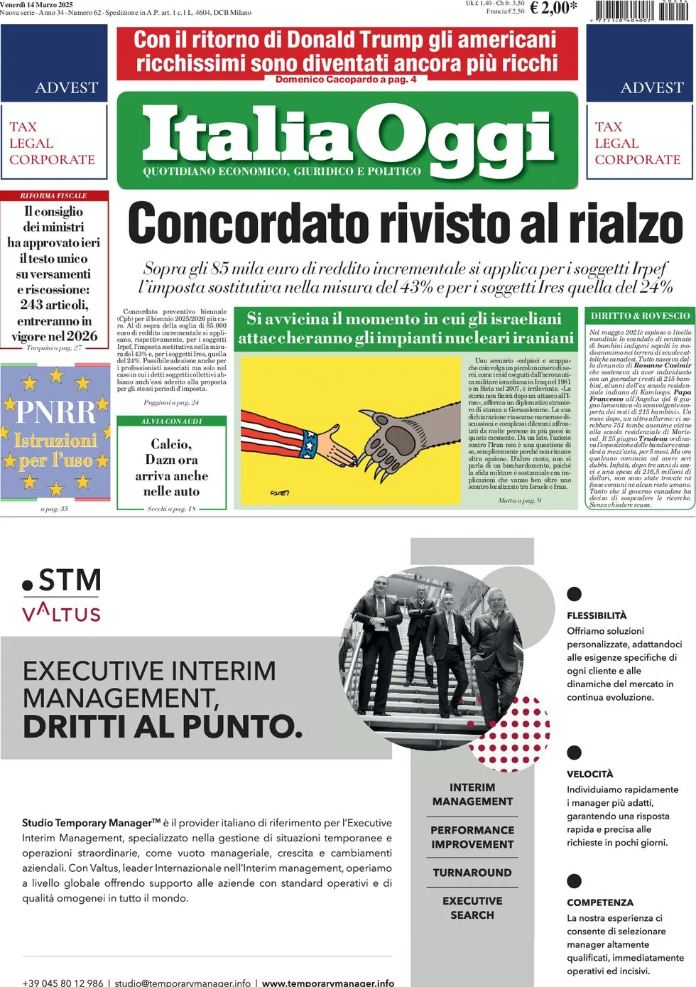 anteprima della prima pagina di italiaoggi del 14/03/2025