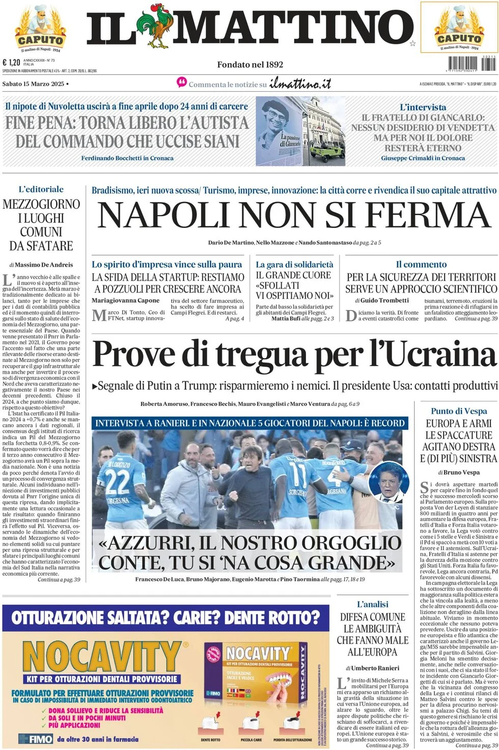 anteprima della prima pagina di il-mattino del 15/03/2025