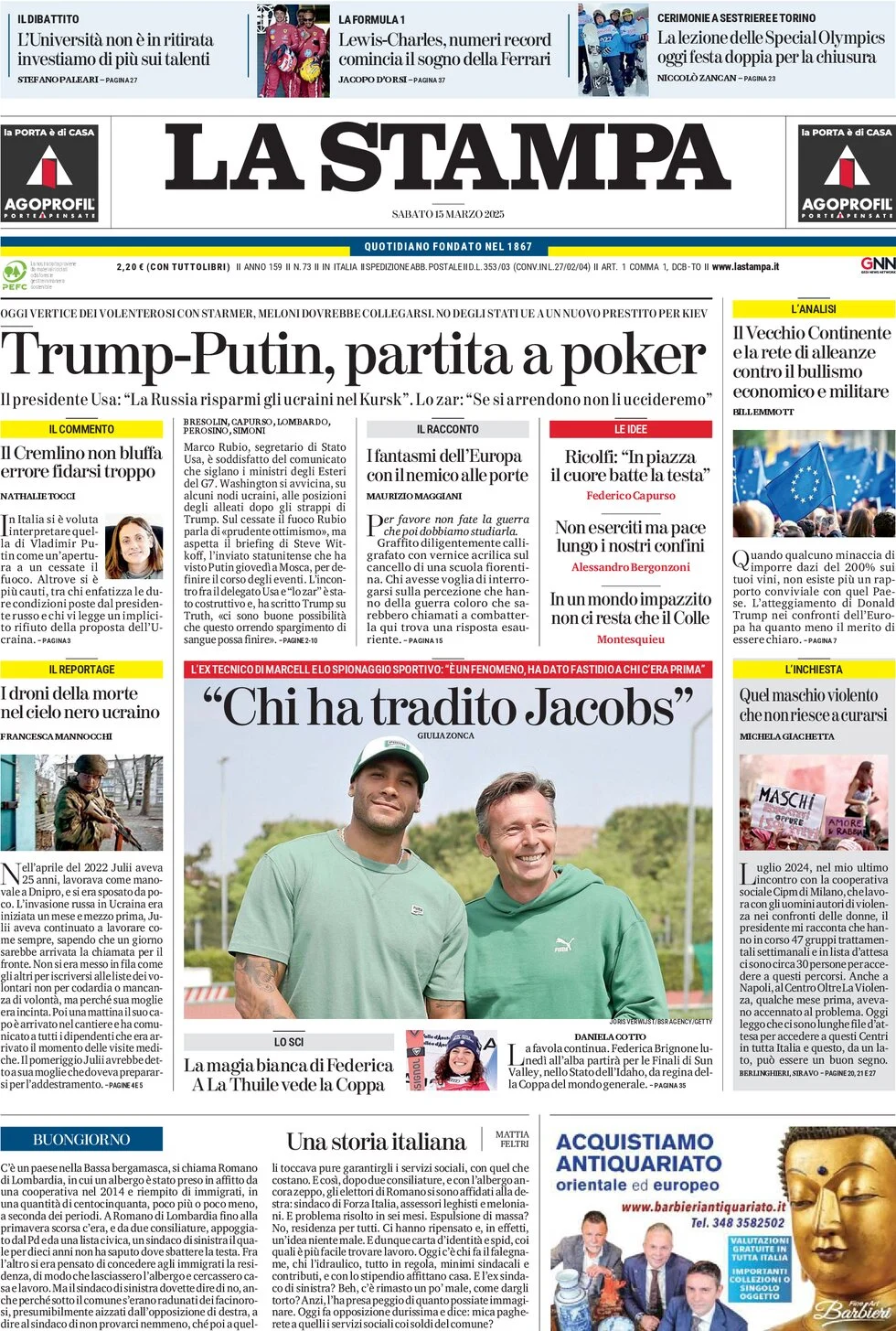 anteprima della prima pagina di la-stampa del 15/03/2025