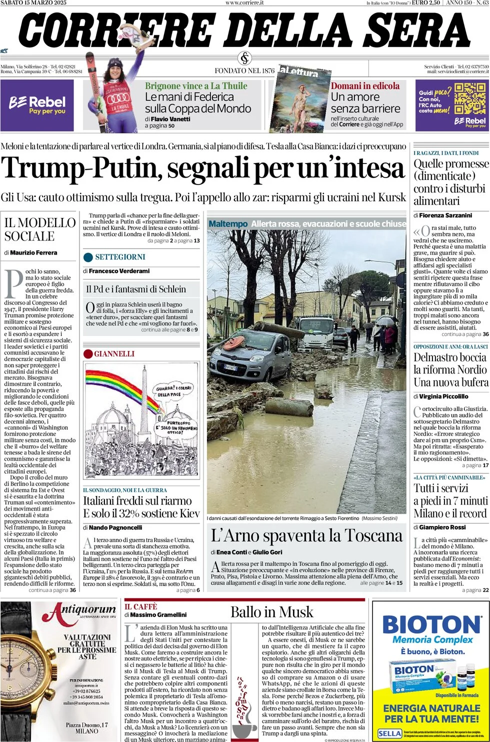 anteprima della prima pagina di corriere-della-sera del 15/03/2025