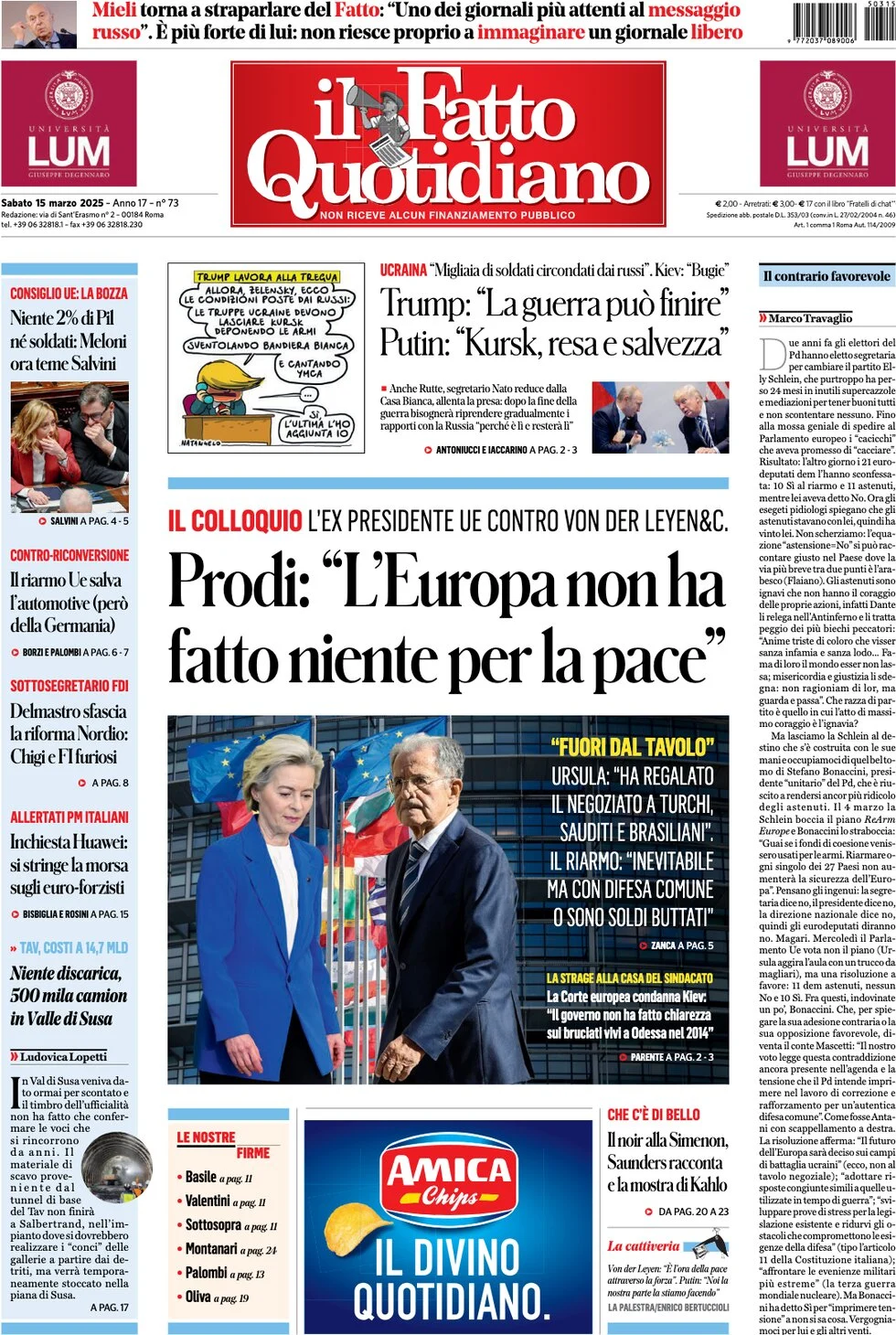 anteprima della prima pagina di il-fatto-quotidiano del 15/03/2025