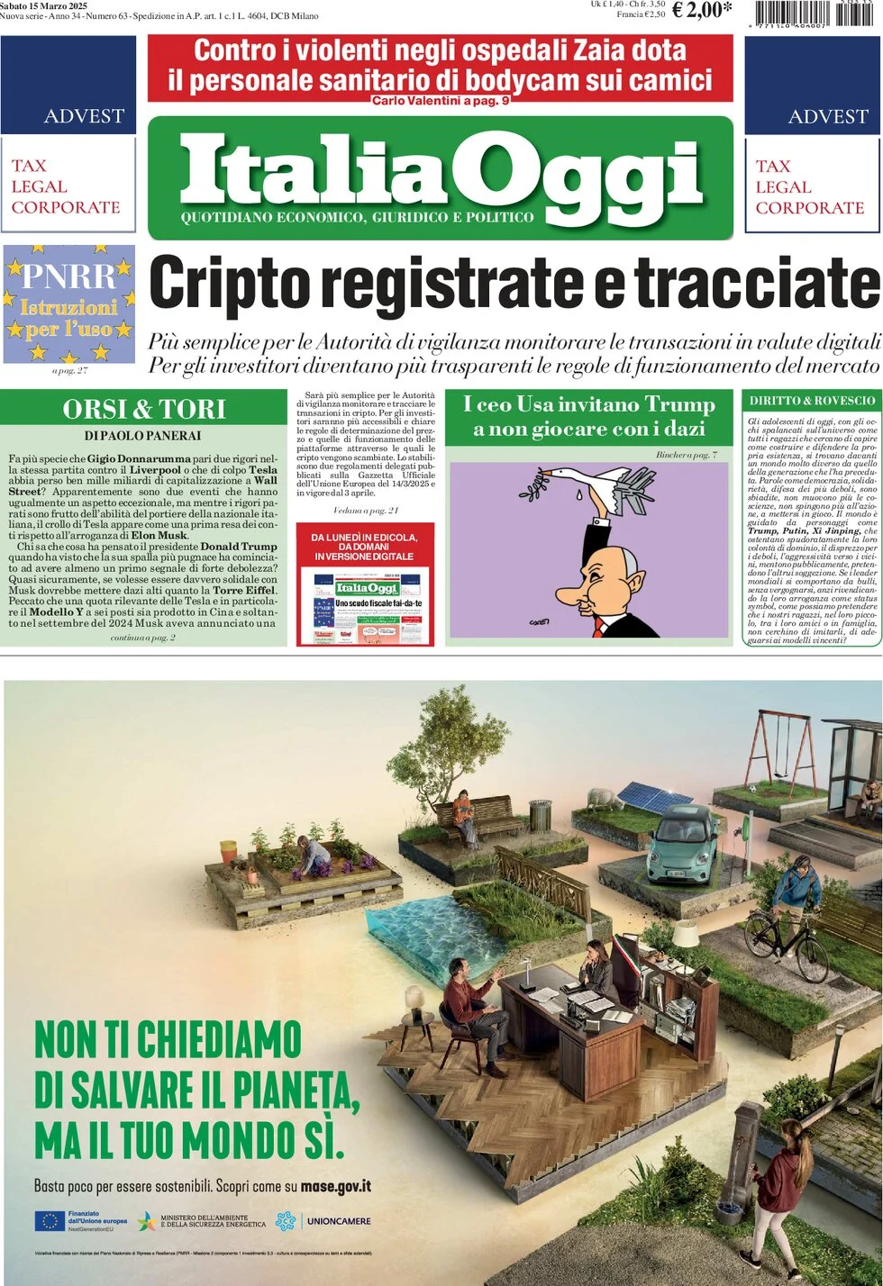 anteprima della prima pagina di italiaoggi del 15/03/2025