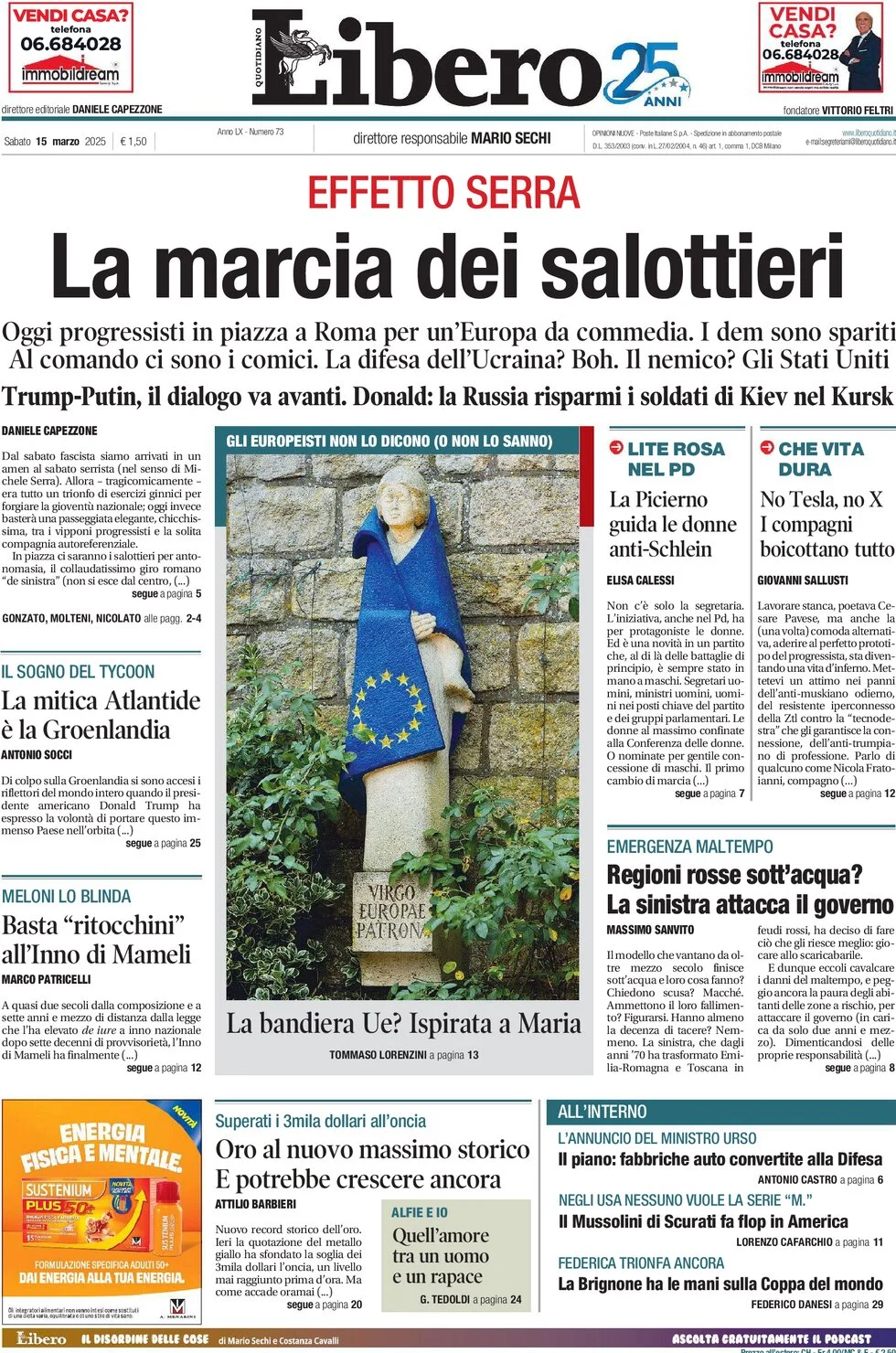 anteprima della prima pagina di libero-quotidiano del 15/03/2025