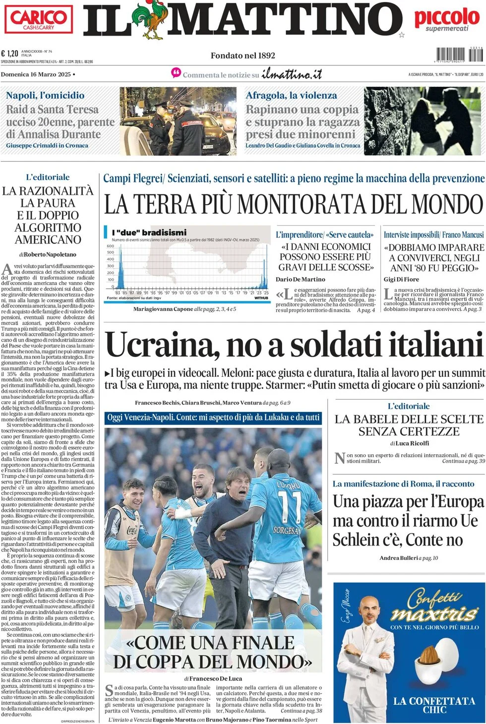 anteprima della prima pagina di il-mattino del 16/03/2025