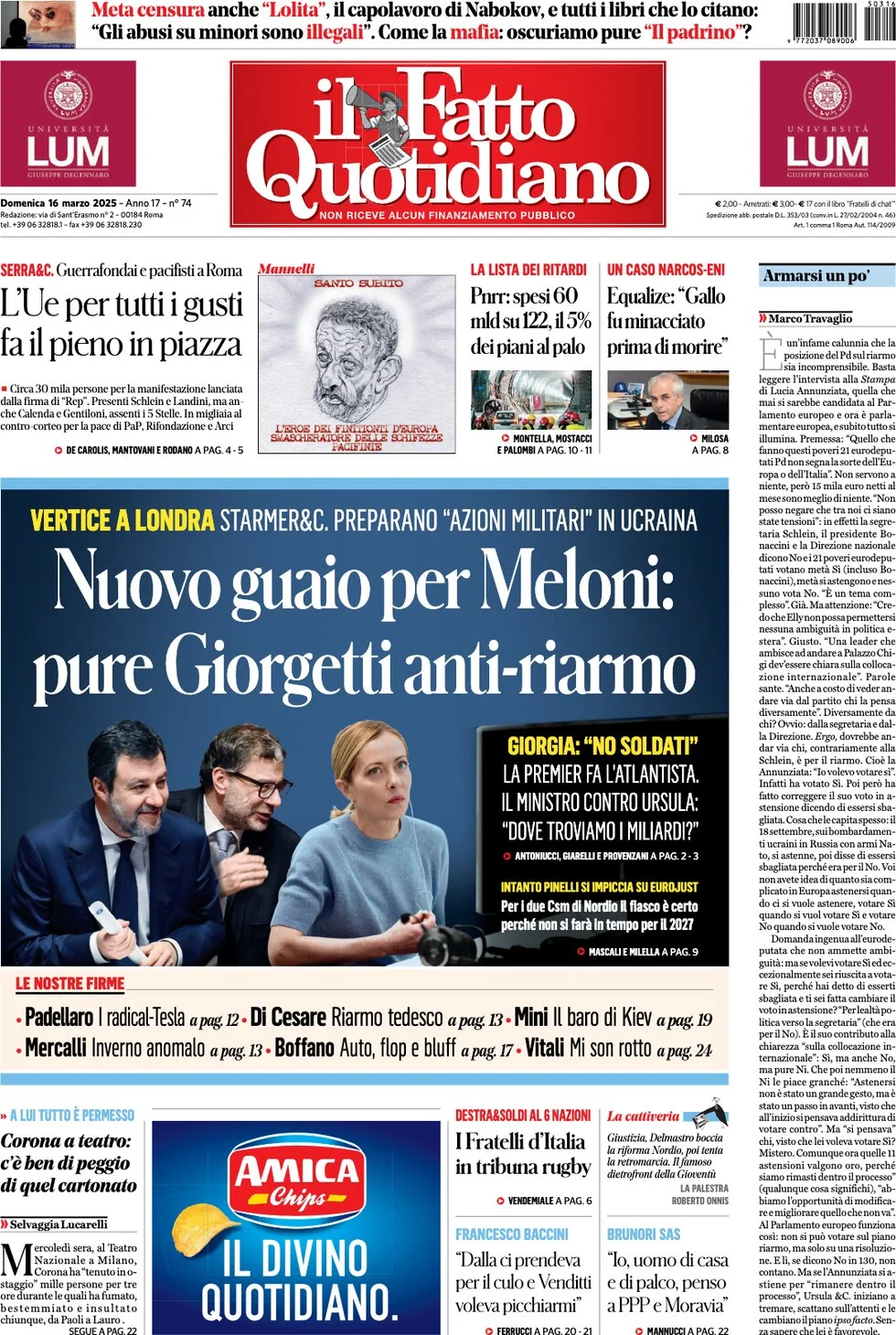 anteprima della prima pagina di il-fatto-quotidiano del 16/03/2025