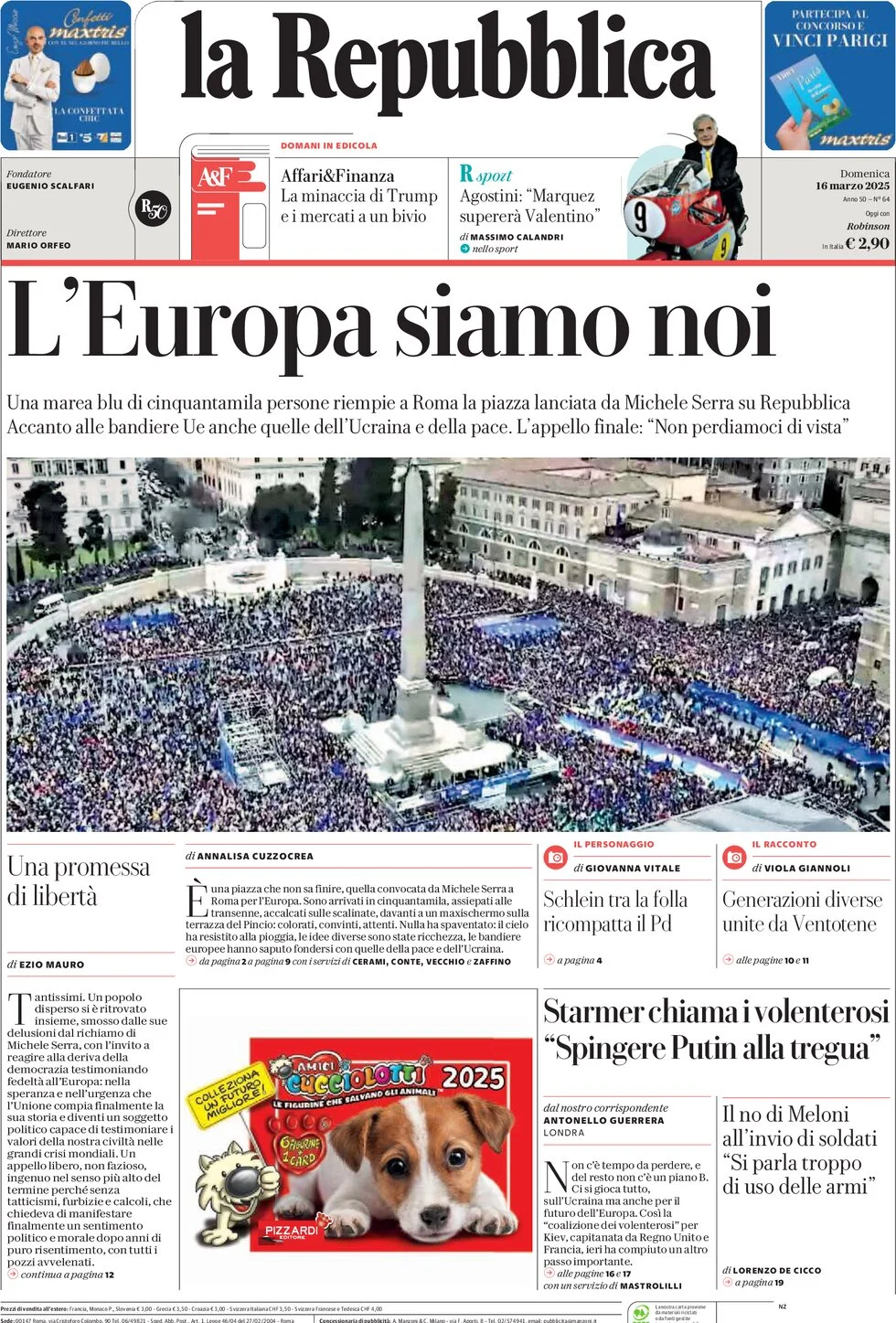 anteprima della prima pagina di la-repubblica del 16/03/2025