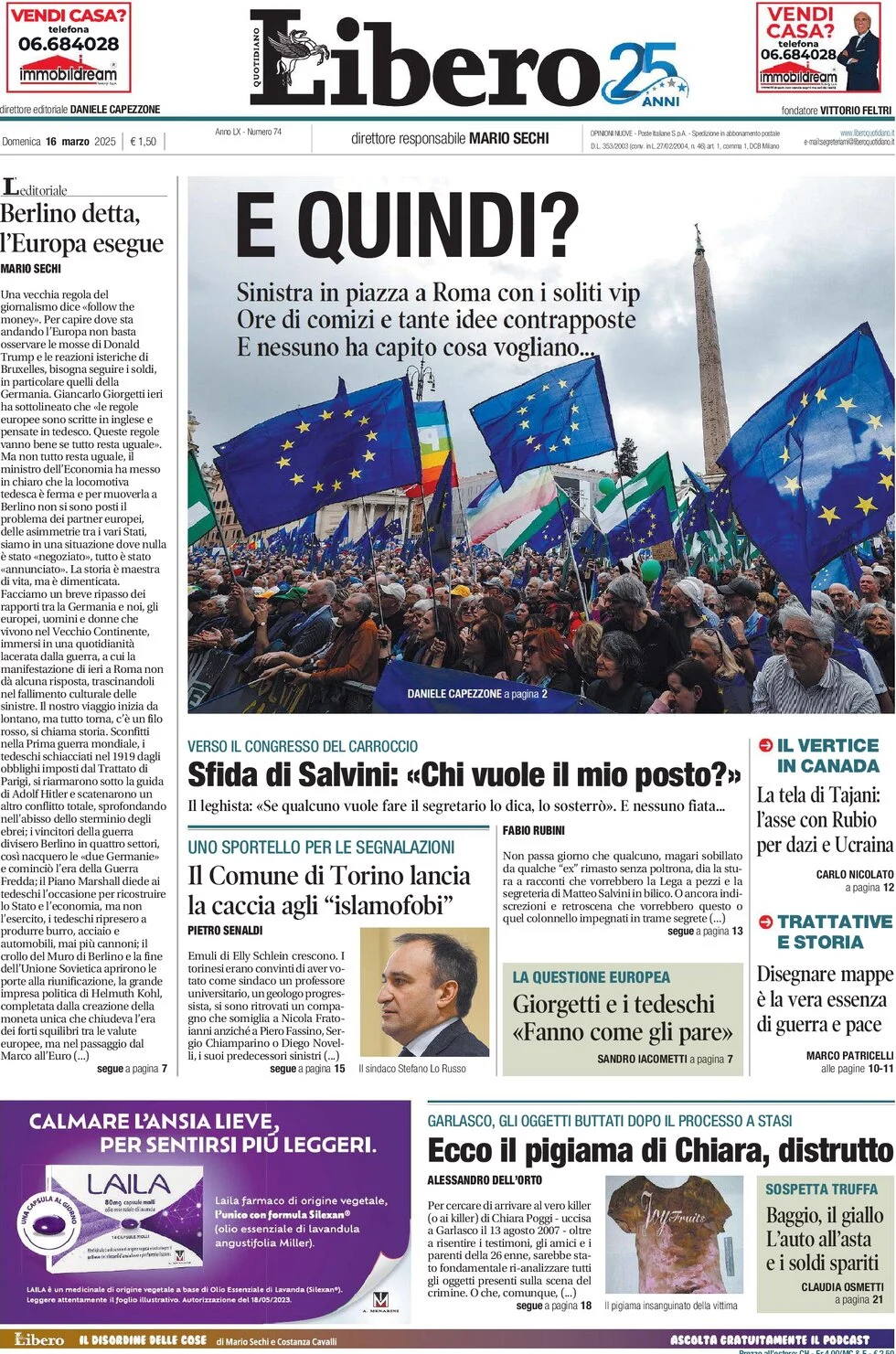 anteprima della prima pagina di libero-quotidiano del 16/03/2025