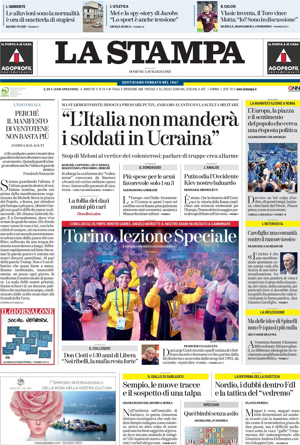 anteprima della prima pagina di la-stampa del 16/03/2025