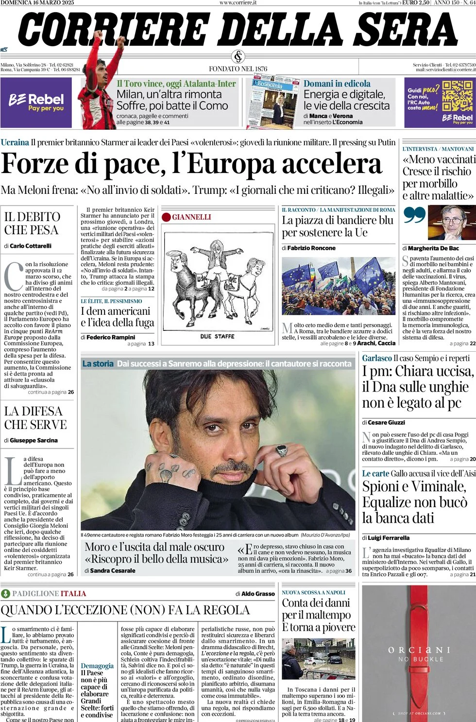 anteprima della prima pagina di corriere-della-sera del 16/03/2025