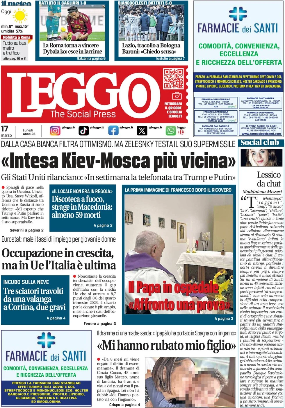 anteprima della prima pagina di leggo-roma del 17/03/2025