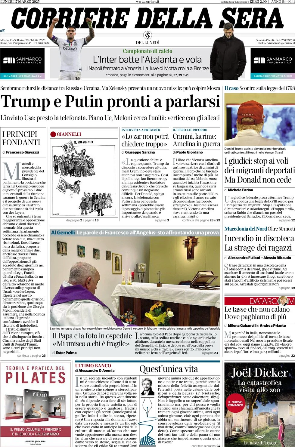 anteprima della prima pagina di corriere-della-sera del 17/03/2025