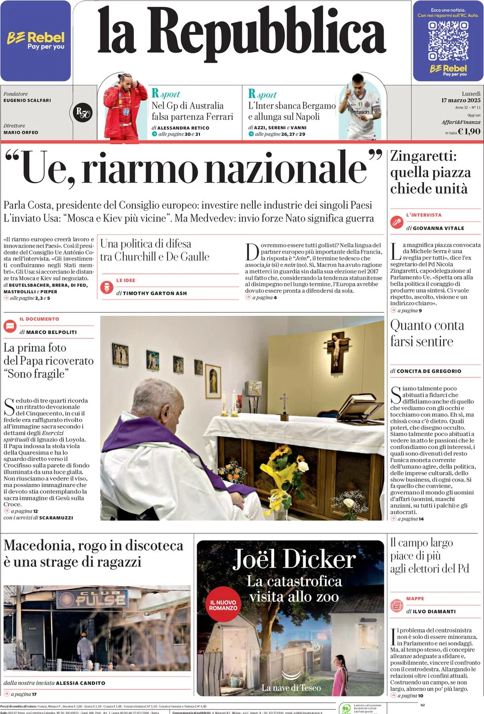 anteprima della prima pagina di la-repubblica del 17/03/2025
