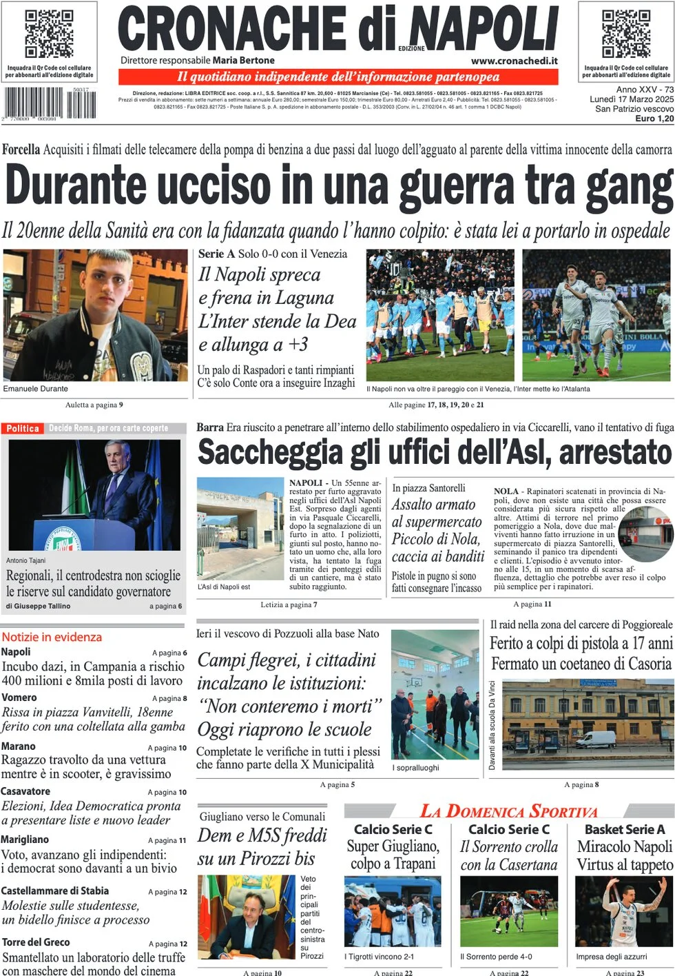 anteprima della prima pagina di cronache-di-napoli del 17/03/2025