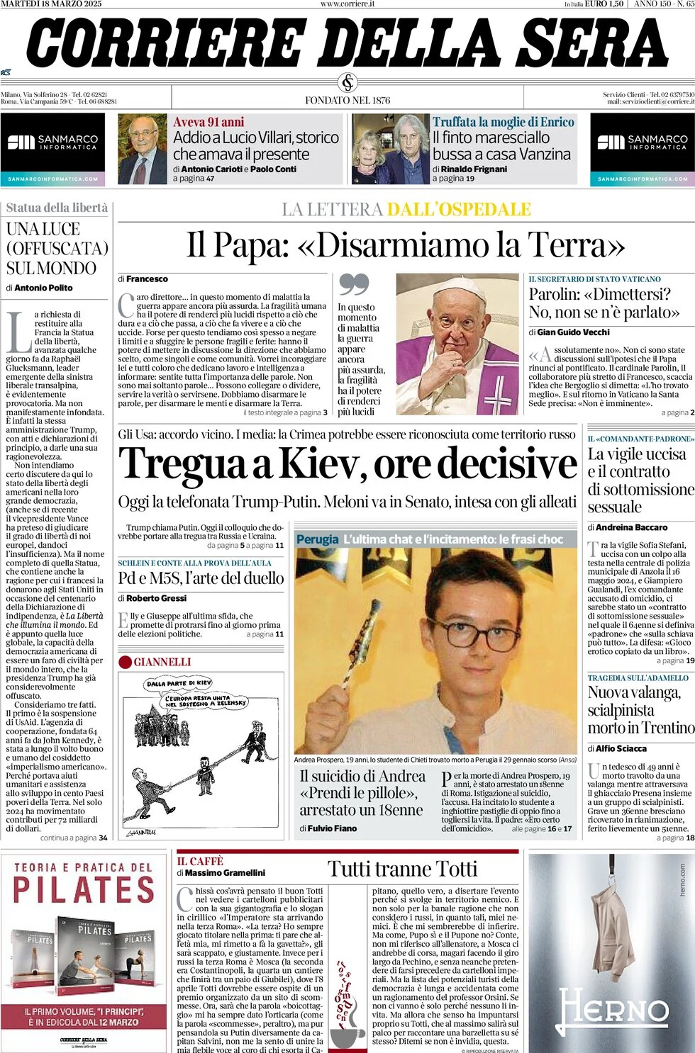 anteprima della prima pagina di corriere-della-sera del 18/03/2025