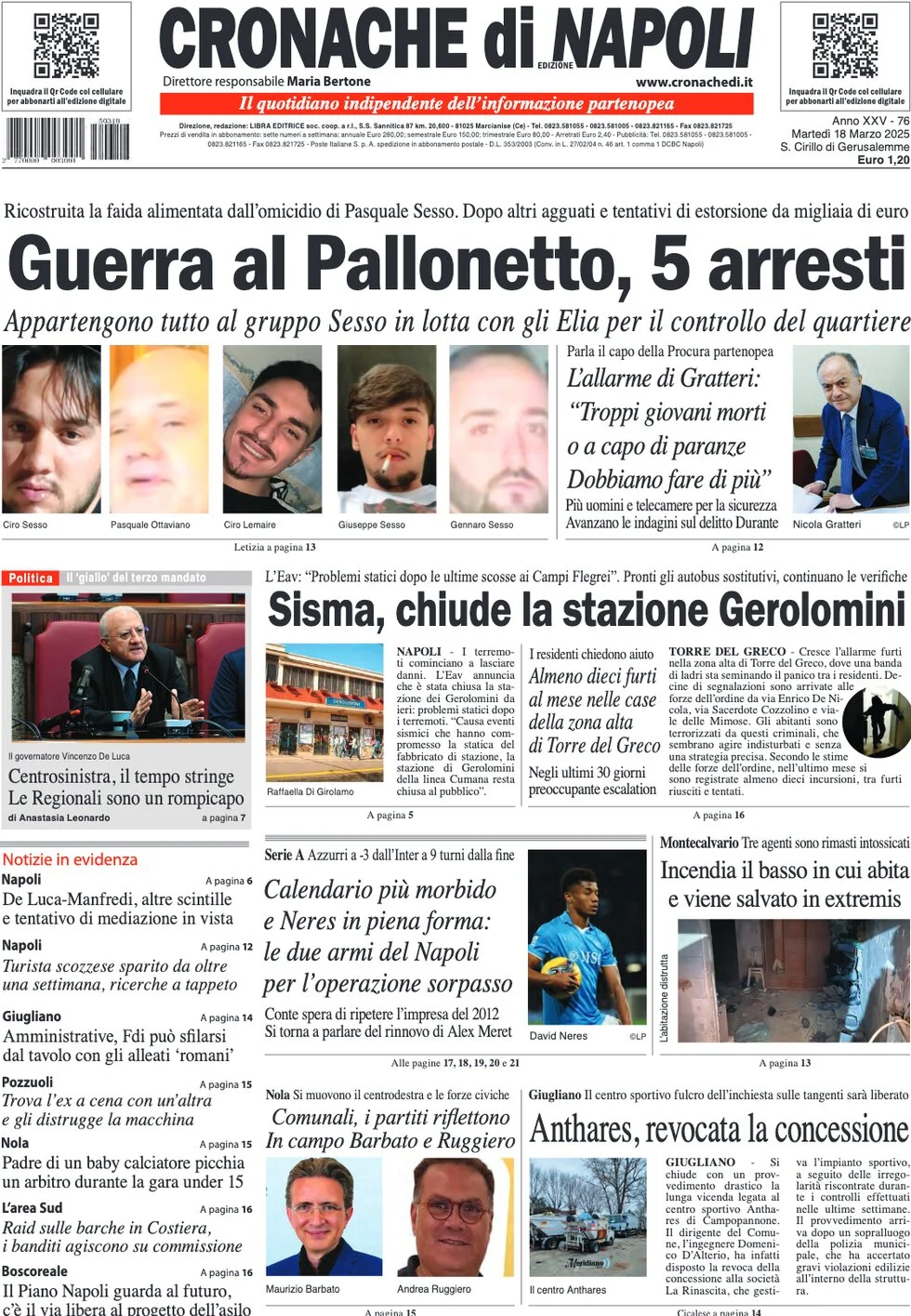 anteprima della prima pagina di cronache-di-napoli del 18/03/2025