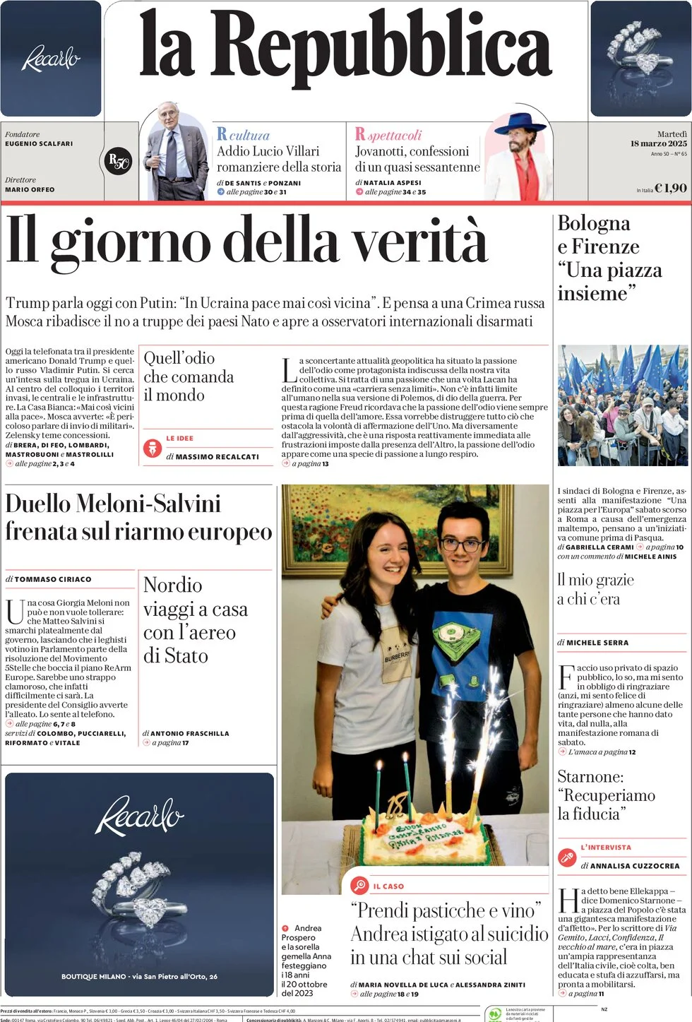 anteprima della prima pagina di la-repubblica del 18/03/2025