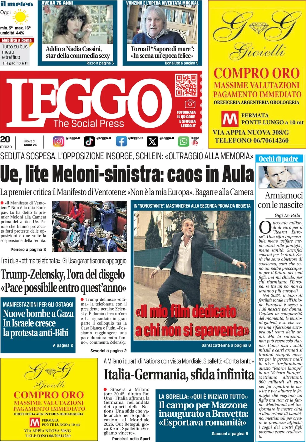 anteprima della prima pagina di leggo-roma del 20/03/2025
