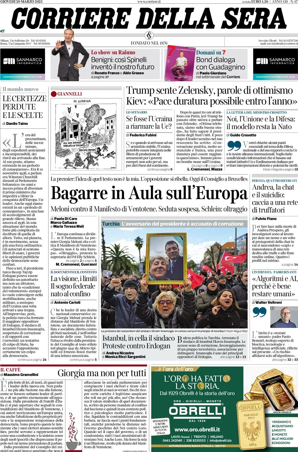 anteprima della prima pagina di corriere-della-sera del 20/03/2025