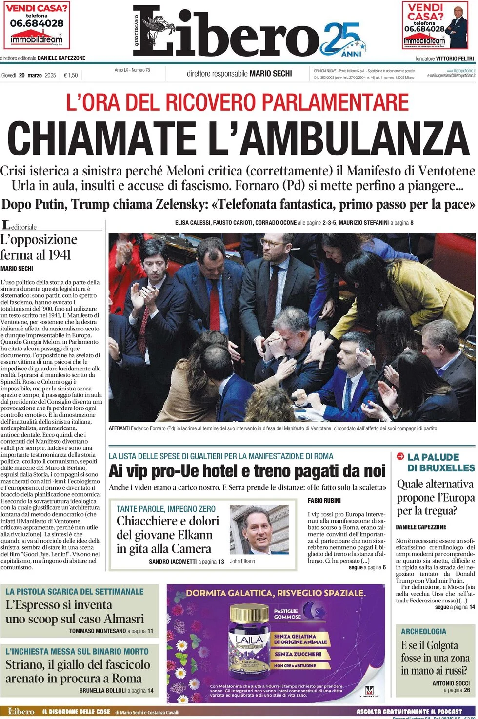 anteprima della prima pagina di libero-quotidiano del 20/03/2025