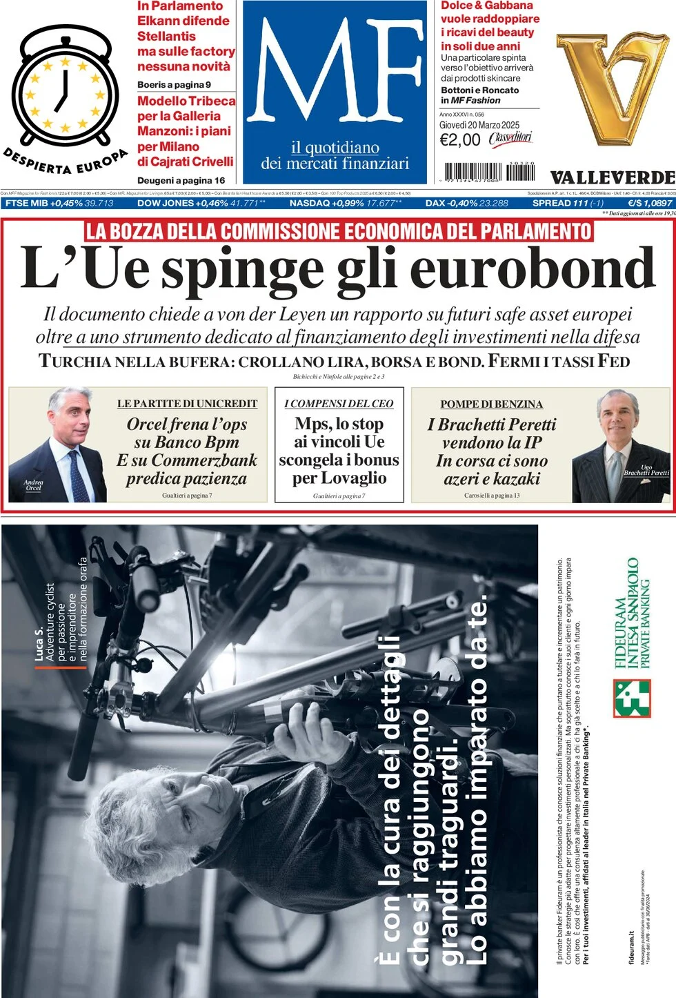 anteprima della prima pagina di mf-milano-finanza del 20/03/2025