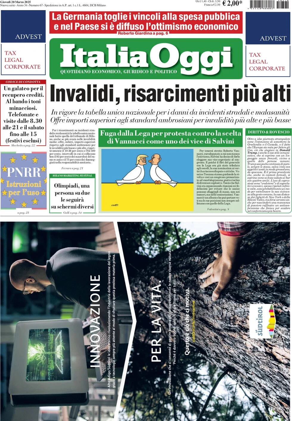 anteprima della prima pagina di italiaoggi del 20/03/2025