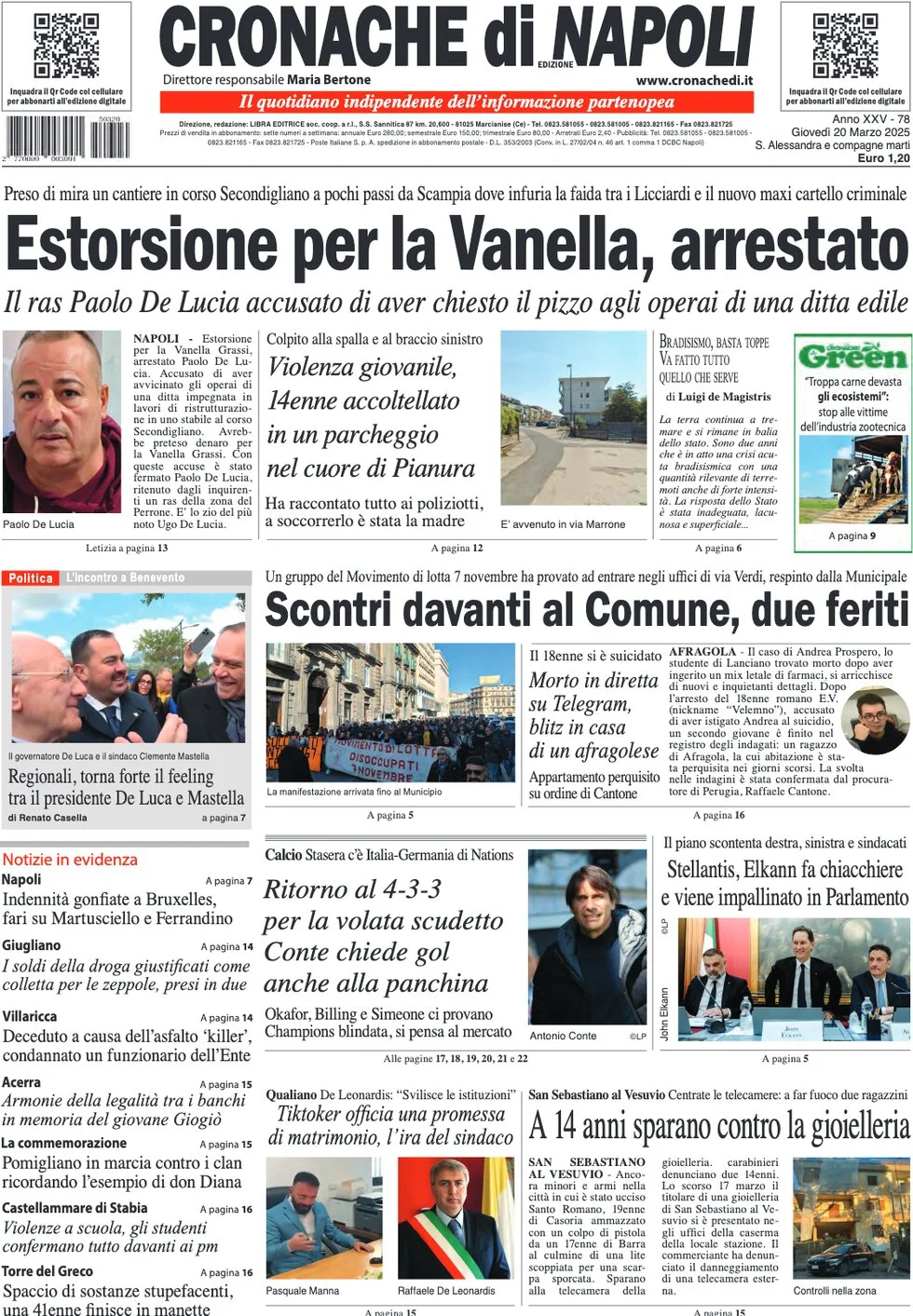 anteprima della prima pagina di cronache-di-napoli del 20/03/2025