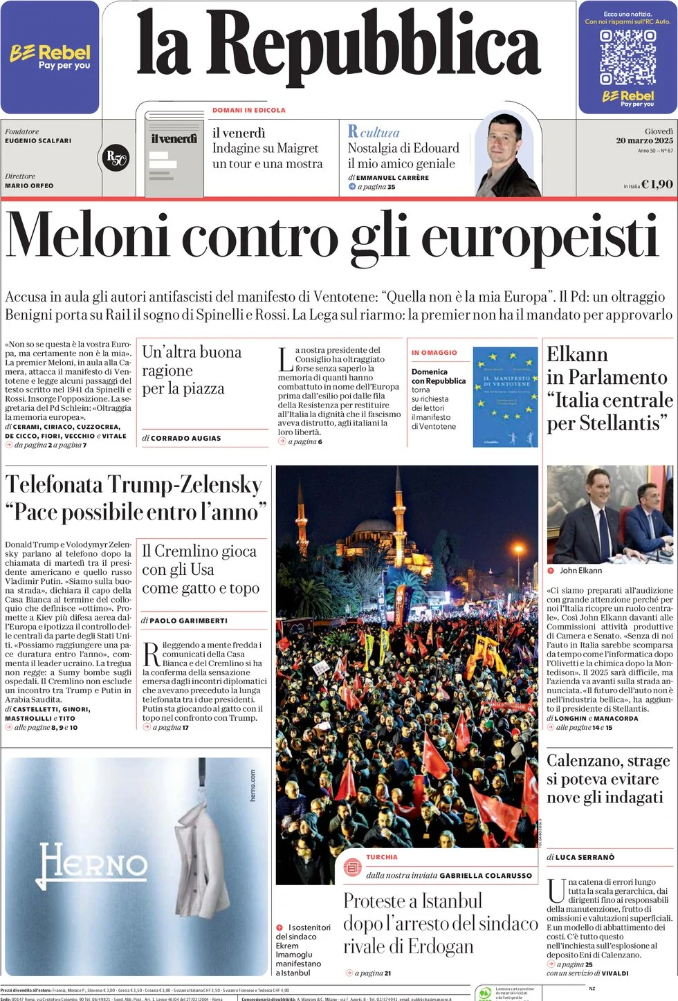 anteprima della prima pagina di la-repubblica del 20/03/2025