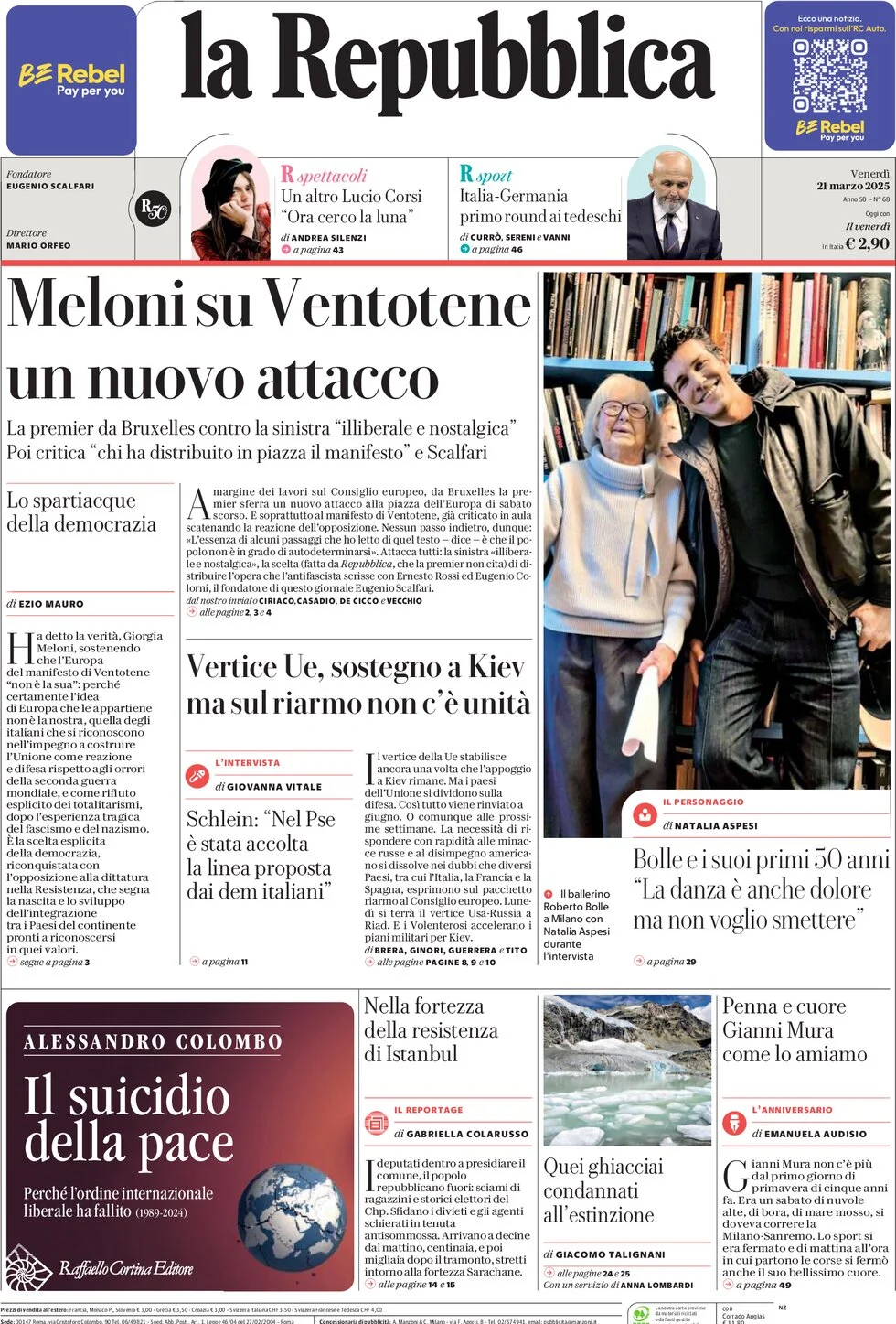 anteprima della prima pagina di la-repubblica del 21/03/2025