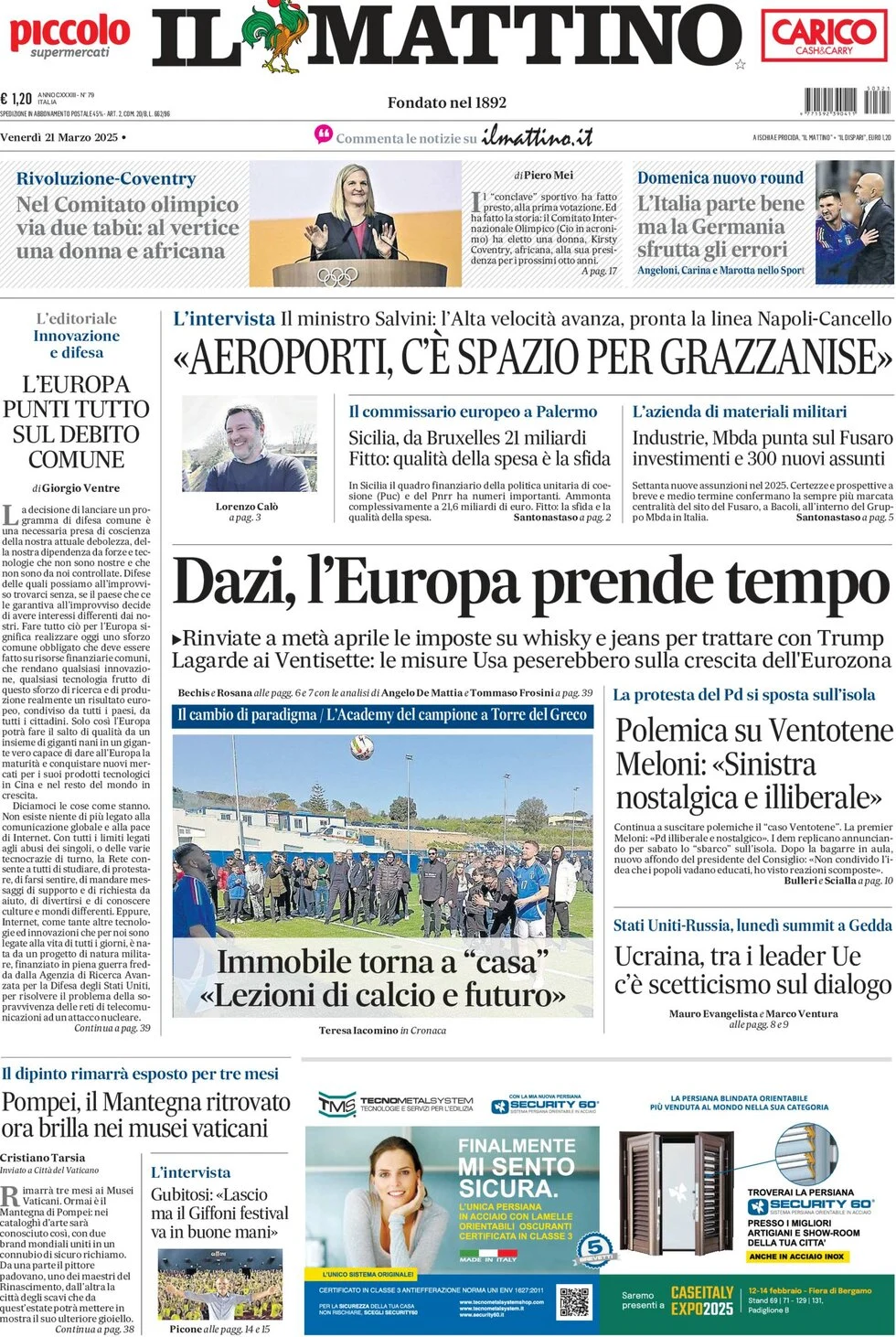 anteprima della prima pagina di il-mattino del 21/03/2025